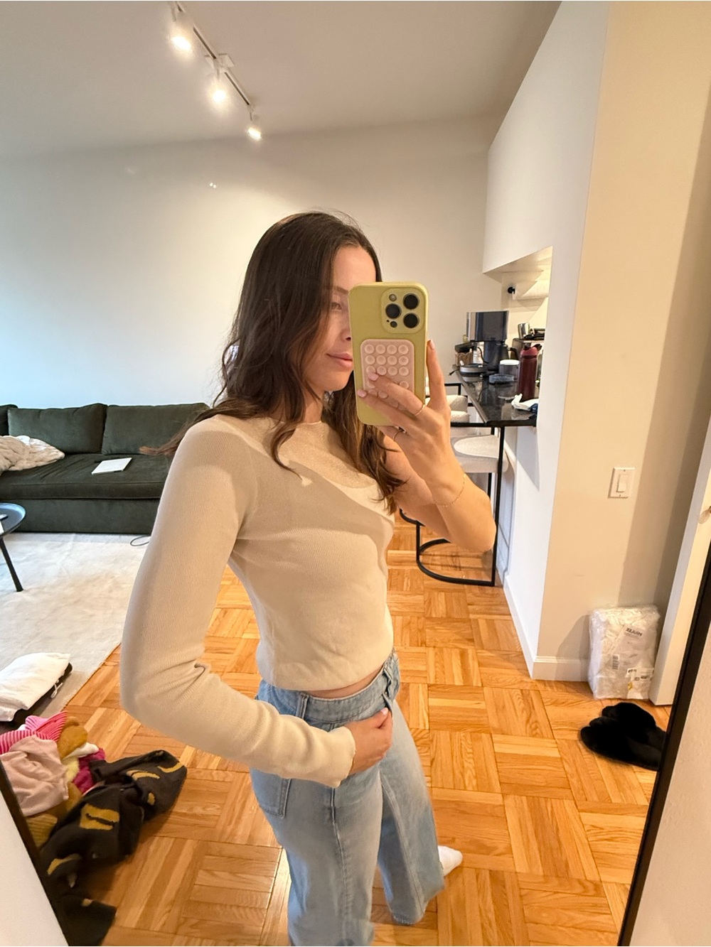 Zara Beige Fitted Long-Sleeve Knit Top